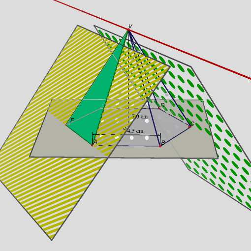 8. Je dán pravidelný šestiboký jehlan ABCDEFV s délkou podstavné hrany AB = a = 4,5 cm. Bod S je středem podstavy a výška SV = v = 7 cm. Určete konstrukčně i početně odchylku rovin AFV a CDV.