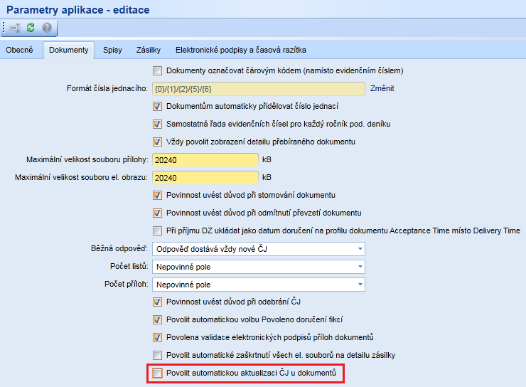 19. Změna zkratek v ČJ podle aktuálního vlastníka dokumentu V modulu Administrace/ Aplikace/ Parametry aplikace, záložka Dokumenty, přibyl nový checkbox Povolit automatickou aktualizaci ČJ u