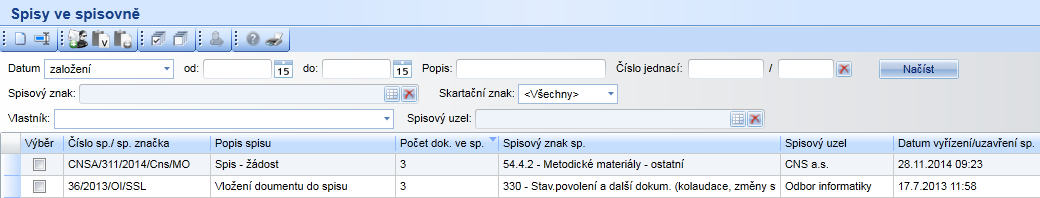 Spisy vyskartované Spisy ve spisovně: Oproti předchozí verzi se zde nic nezměnilo. Na formuláři jsou zobrazeny spisy, které byly předány ze Schváleného návrhu do spisovny.