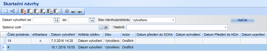 Sekce Skartační řízení obsahuje podsekci Skartační návrhy. Na formuláři jsou zobrazeny skartační návrhy, které lze filtrovat dle jejich stavu.