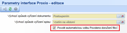 7. Agendio/ ELISa - doručení fikcí Modul Administrace/ Externí aplikace/ Interface Marbes Proxio, záložka Parametry : Na záložce Parametry přibyl nový checkbox Povolit automatickou volbu Povoleno