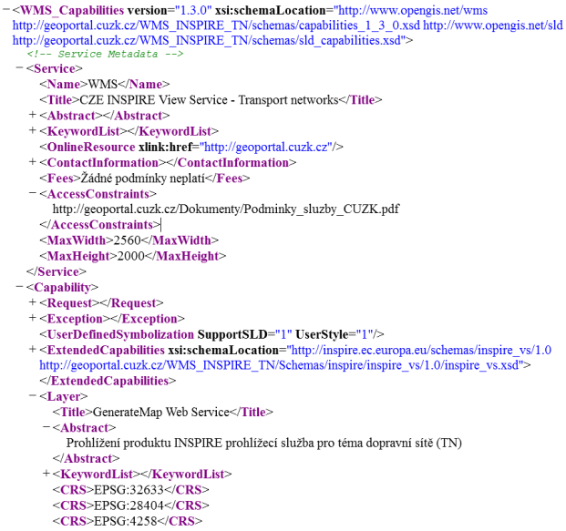 Tab. 3: Ukázka požadavku GetCapabilities a odezvy serveru požadavek GetCapabilities http://geoportal.cuzk.cz/wms_inspire_ TN/WMService.aspx?