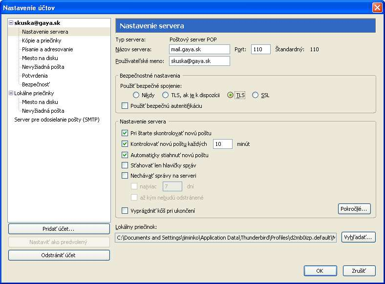 2. Zmena nastavení programu Mozilla Thuderbird (zapnutie autentifikácie a šifrovania TLS) Pre správnu funkčnosť treba zmeniť niekoľko nastavení.
