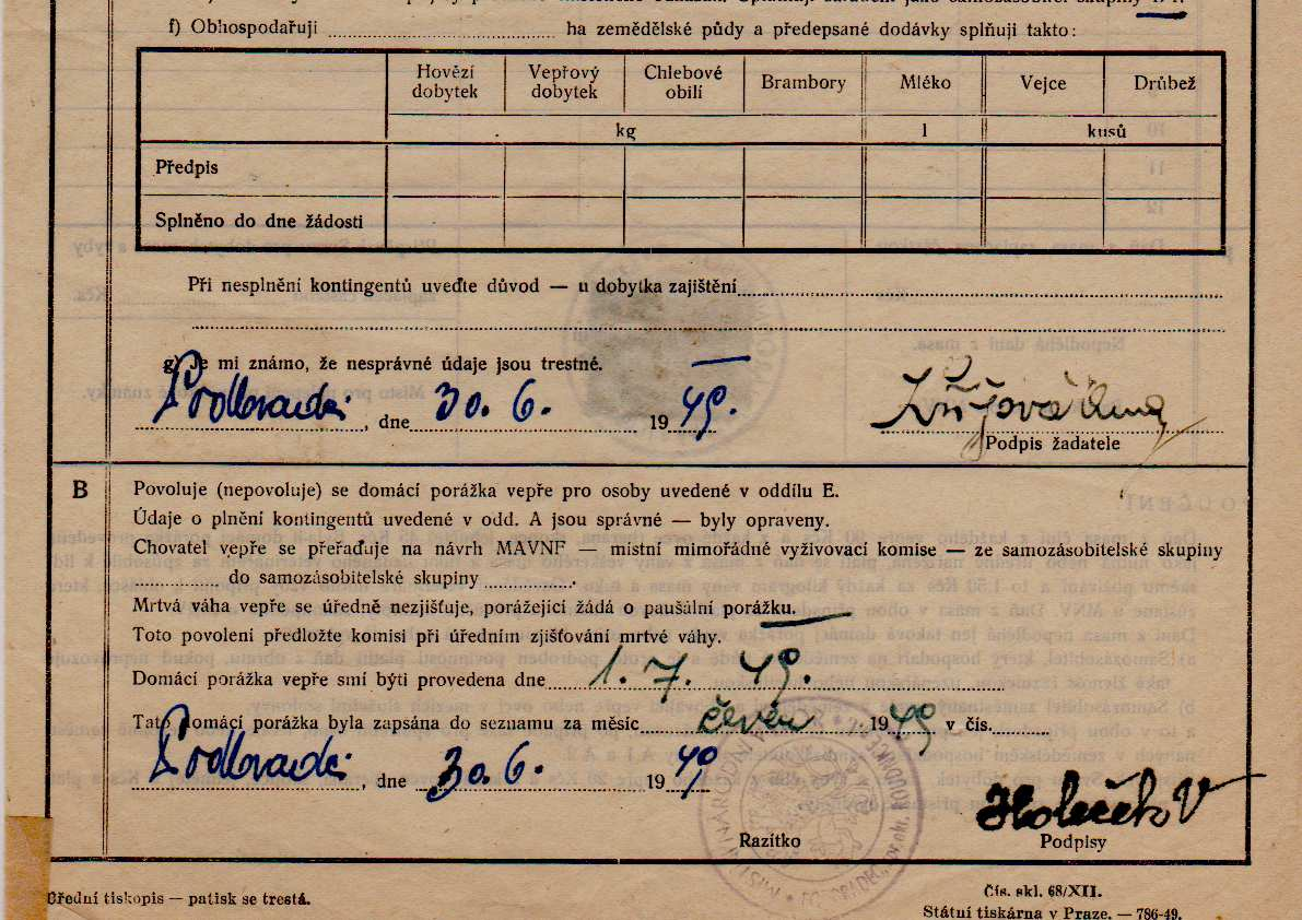 Daň z masa placená na ohlášce daňovými známkami byla zrušena k 31.12.1948, líc ohlášky z července 1949.