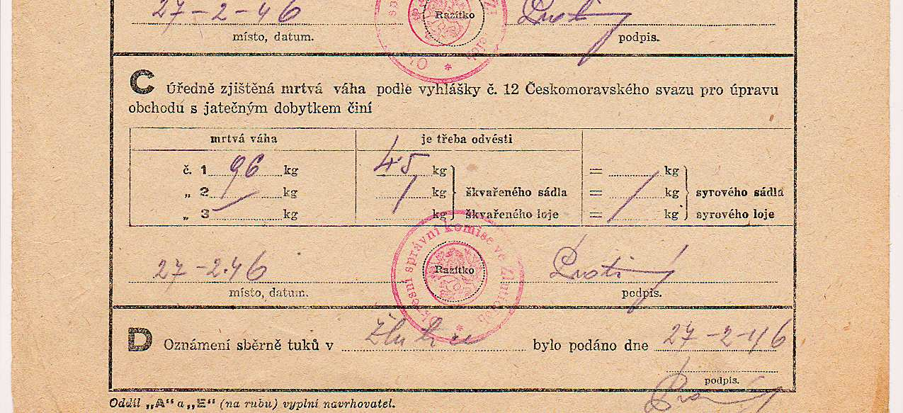 Ohláška domácí porážky vepře, únor 1946 (před zavedením daně z