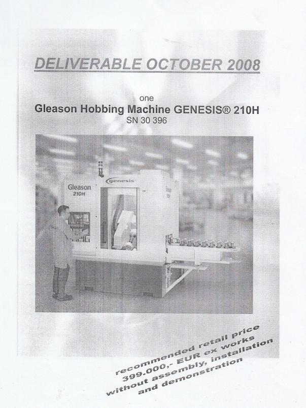 PŘÍLOHA 15 (1/2) Technická data o frézce CNC Gleason Pfauter Genesisc 210 H (1/2).