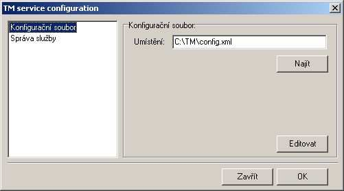 NASTAVOVACÍ UTILITA Nastavovací utilita umožňuje nastavit cestu ke konfiguračnímu XML souboru, instalovat a spouštět službu TMservice 1.