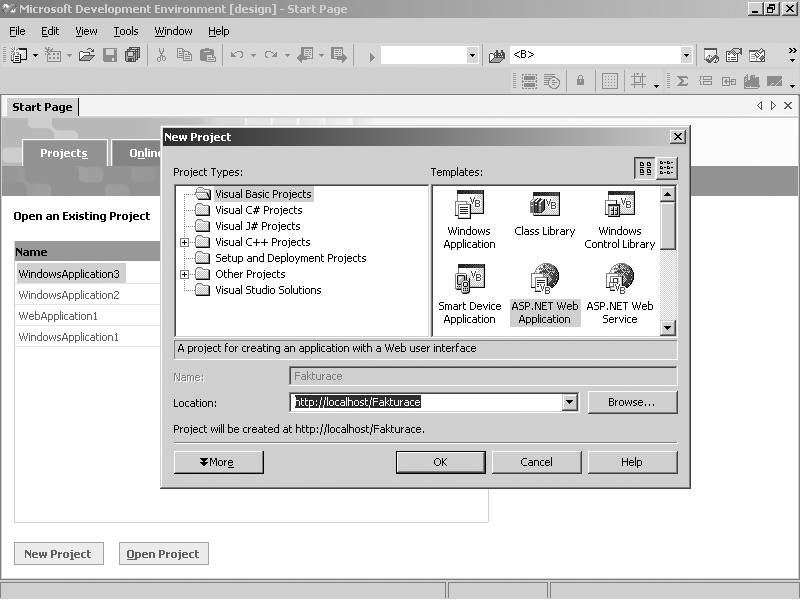 14 VISUAL STUDIO.NET projektu (viz obrázek 1.1). V závislosti na typu projektu lze vybrat i typ zobrazení (šablonu), kterým se budou prezentovat data na obrazovce Template.