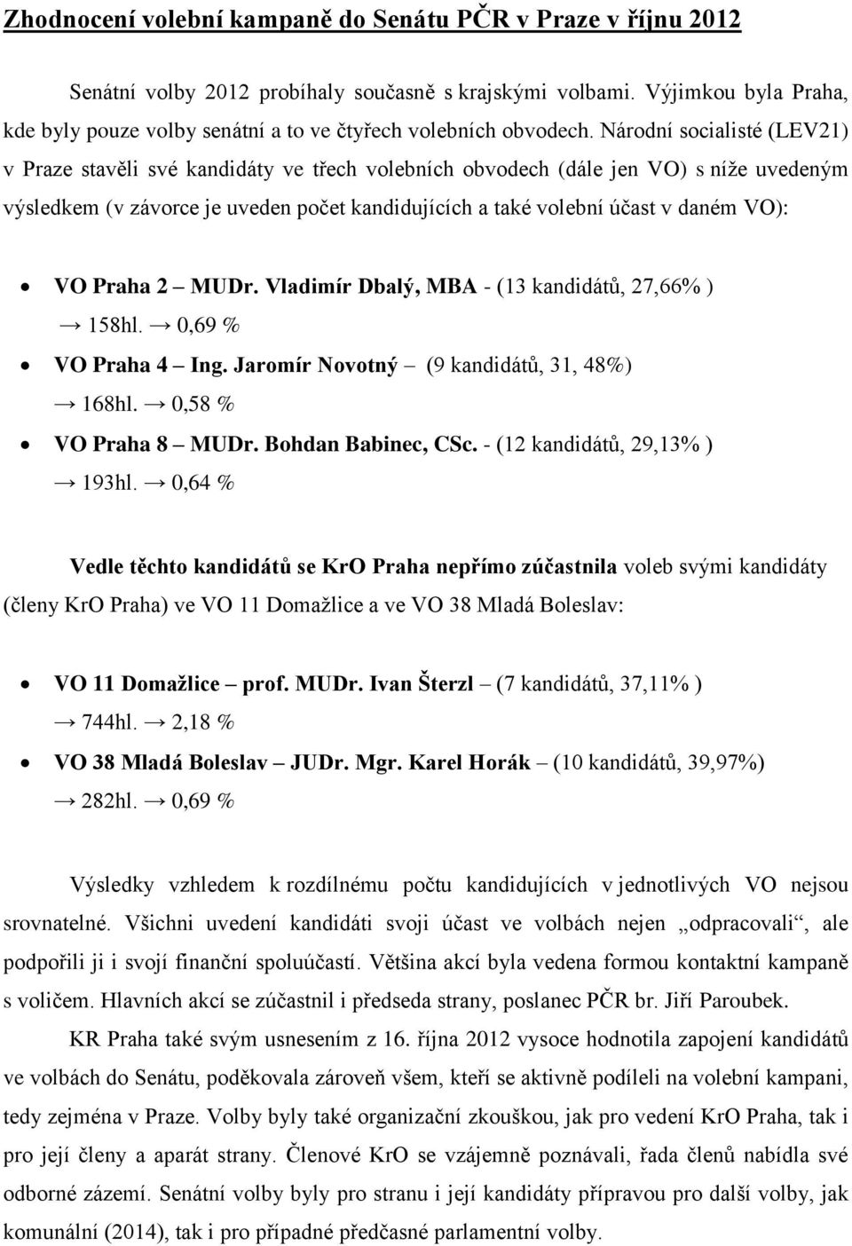 Národní socialisté (LEV21) v Praze stavěli své kandidáty ve třech volebních obvodech (dále jen VO) s níže uvedeným výsledkem (v závorce je uveden počet kandidujících a také volební účast v daném VO):