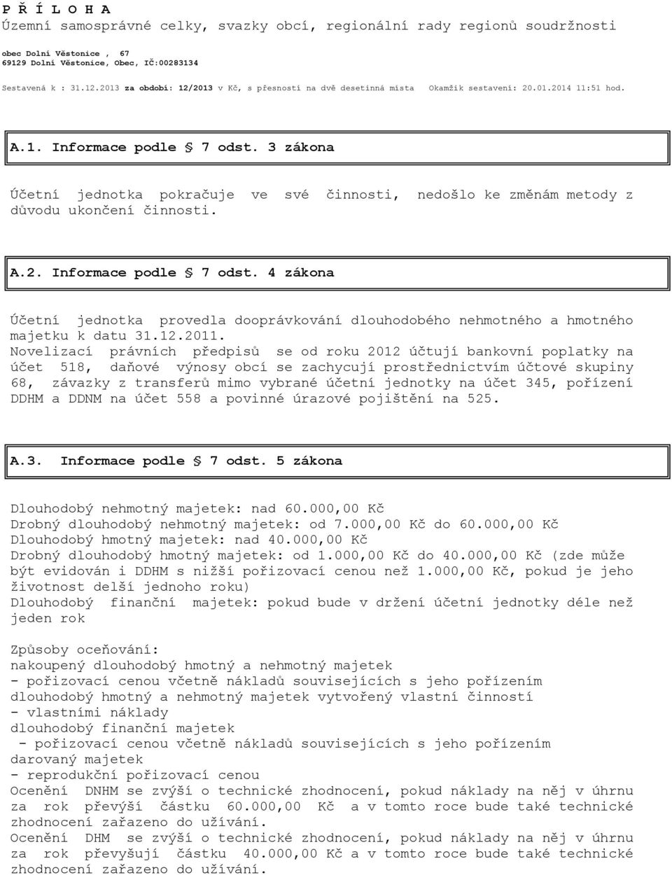 3 zákona Účetní jednotka pokračuje ve své činnosti, nedošlo ke změnám metody z důvodu ukončení činnosti. A.2. Informace podle 7 odst.