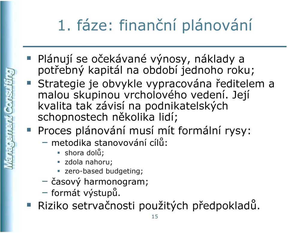 Její kvalita tak závisí na podnikatelských schopnostech několika lidí; Proces plánování musí mít formální rysy: