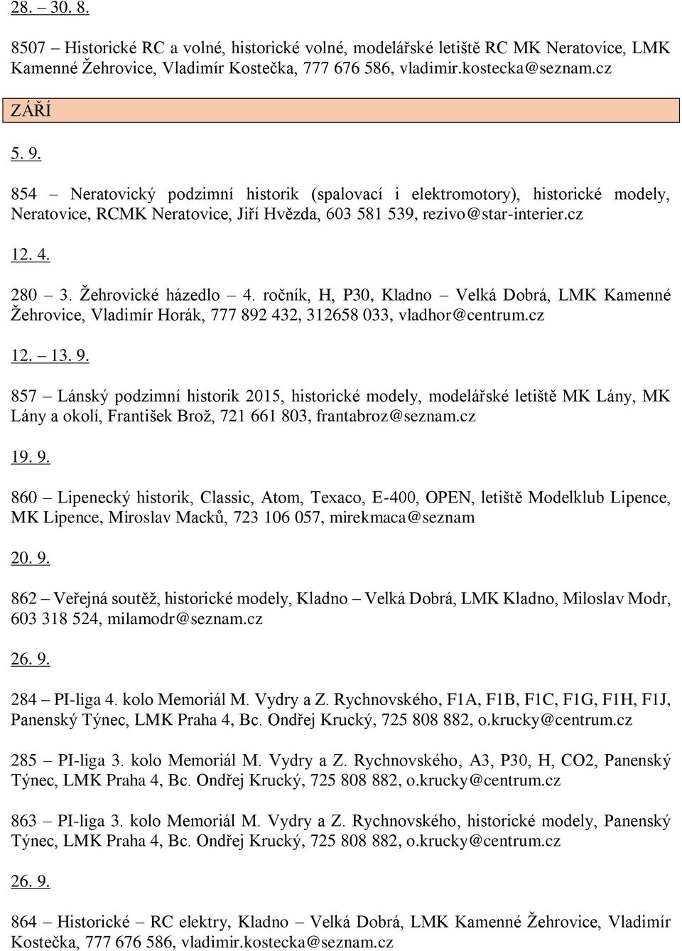 ročník, H, P30, Kladno Velká Dobrá, LMK Kamenné Žehrovice, Vladimír Horák, 777 892 432, 312658 033, vladhor@centrum.cz 12. 13. 9.