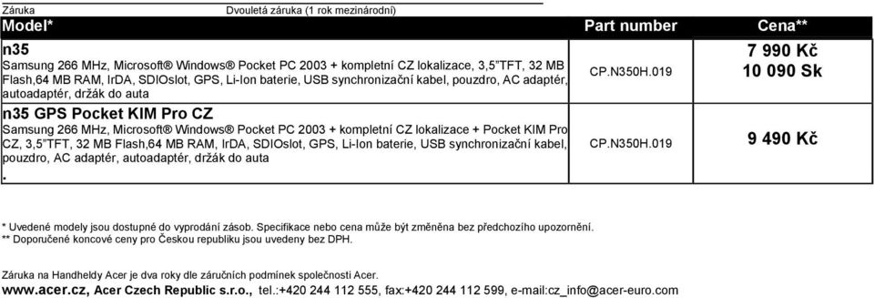 SDIOslot, GPS, Li-Ion baterie, USB synchronizační kabel, pouzdro, AC adaptér, autoadaptér, držák do auta CPN350H019 CPN350H019 7 990 Kč 10 090 Sk 9 490 Kč * Uvedené modely jsou dostupné do vyprodání