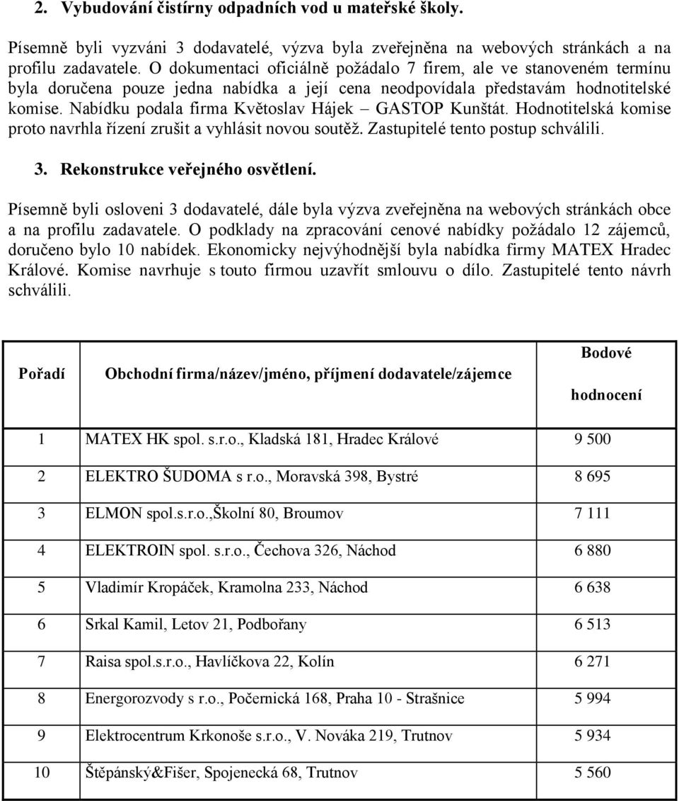 Nabídku podala firma Květoslav Hájek GASTOP Kunštát. Hodnotitelská komise proto navrhla řízení zrušit a vyhlásit novou soutěž. Zastupitelé tento postup schválili. 3. Rekonstrukce veřejného osvětlení.