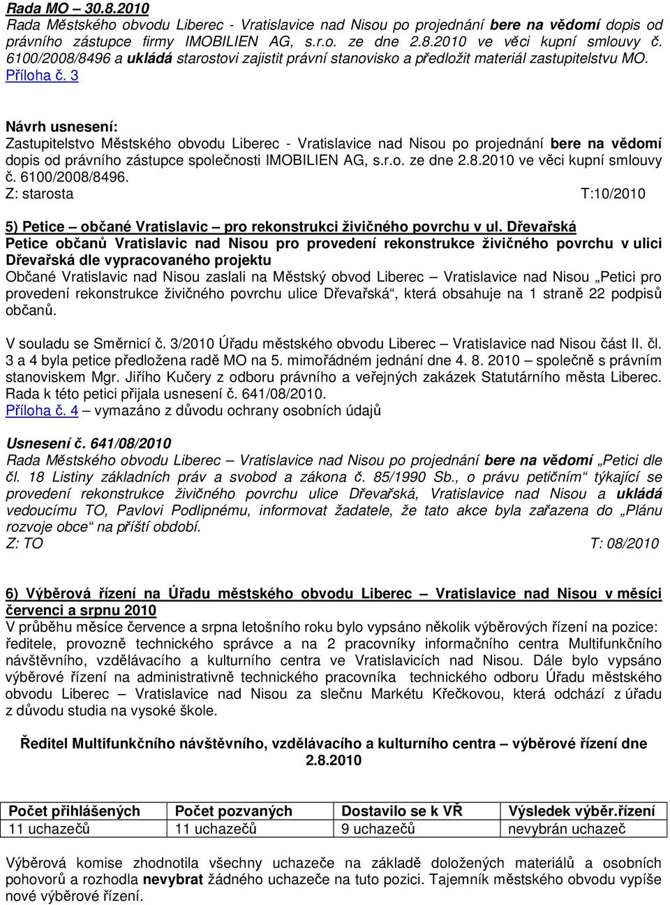 3 Návrh usnesení: Zastupitelstvo Městského obvodu Liberec - Vratislavice nad Nisou po projednání bere na vědomí dopis od právního zástupce společnosti IMOBILIEN AG, s.r.o. ze dne 2.8.