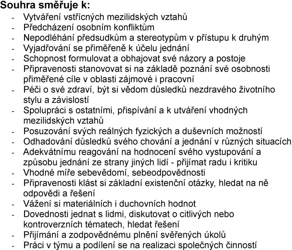 důsledků nezdravého životního stylu a závislostí - Spolupráci s ostatními, přispívání a k utváření vhodných mezilidských vztahů - Posuzování svých reálných fyzických a duševních možností - Odhadování