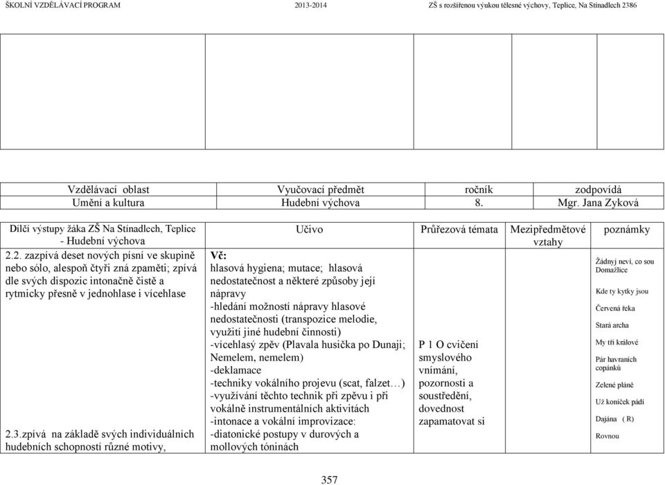 zpívá na základě svých individuálních hudebních schopností různé motivy, Vč: hlasová hygiena; mutace; hlasová nedostatečnost a některé způsoby její nápravy -hledání možností nápravy hlasové