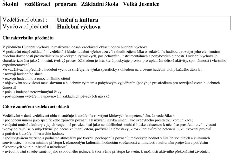 prostřednictvím pěveckých, rytmických, poslechových, instrumentálních a pohybových činností. Hudební výchova je charakterizována jako činnostní, tvořivý proces.