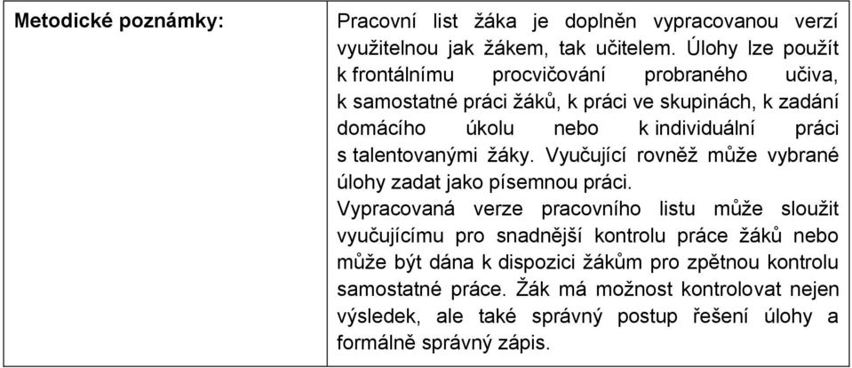 práci s talentovanými žáky. Vyučující rovněž může vybrané úlohy zadat jako písemnou práci.