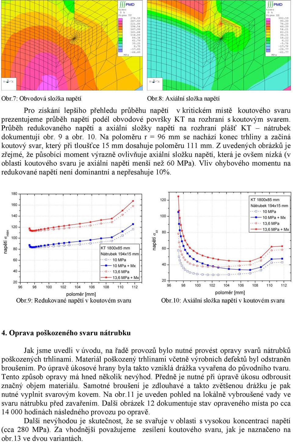 Průběh redukovaného napětí a axiální složky napětí na rozhraní plášť KT nátrubek dokumentují obr. 9 a obr. 10.
