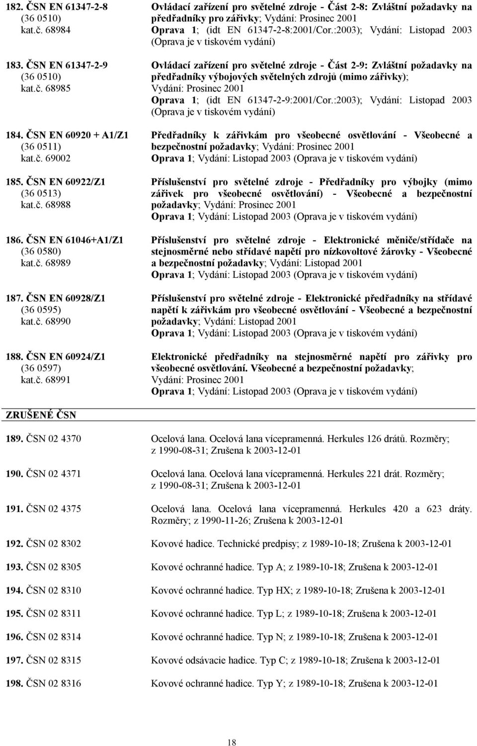 :2003); (Oprava je v tiskovém vydání) Ovládací zařízení pro světelné zdroje - Část 2-9: Zvláštní požadavky na předřadníky výbojových světelných zdrojů (mimo zářivky); Vydání: Prosinec 2001 Oprava 1;