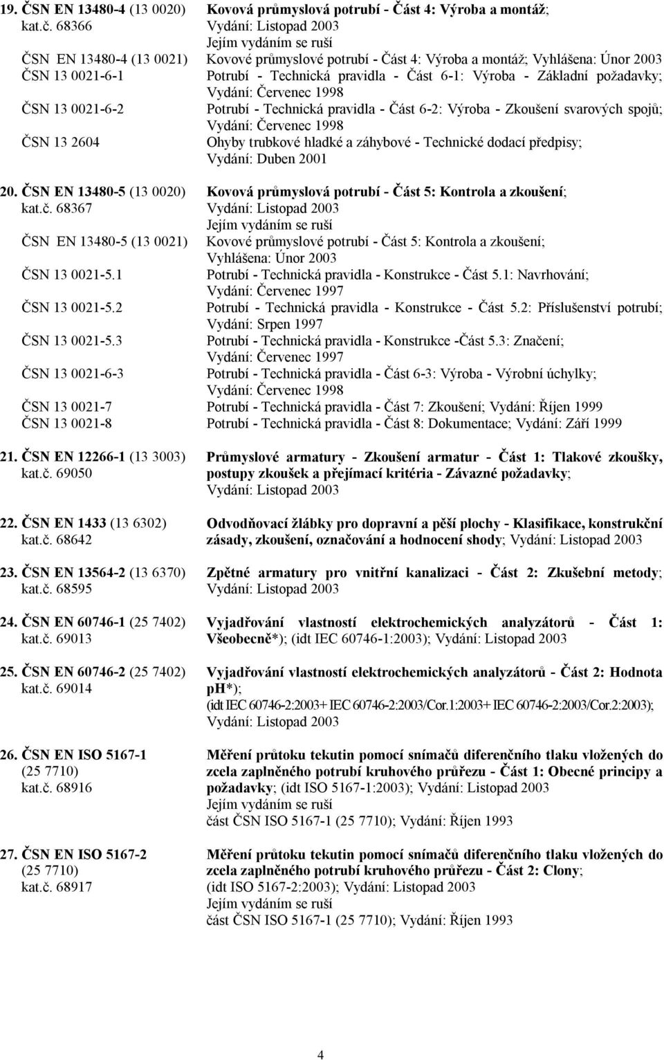 Základní požadavky; Vydání: Červenec 1998 ČSN 13 0021-6-2 Potrubí - Technická pravidla - Část 6-2: Výroba - Zkoušení svarových spojů; Vydání: Červenec 1998 ČSN 13 2604 Ohyby trubkové hladké a