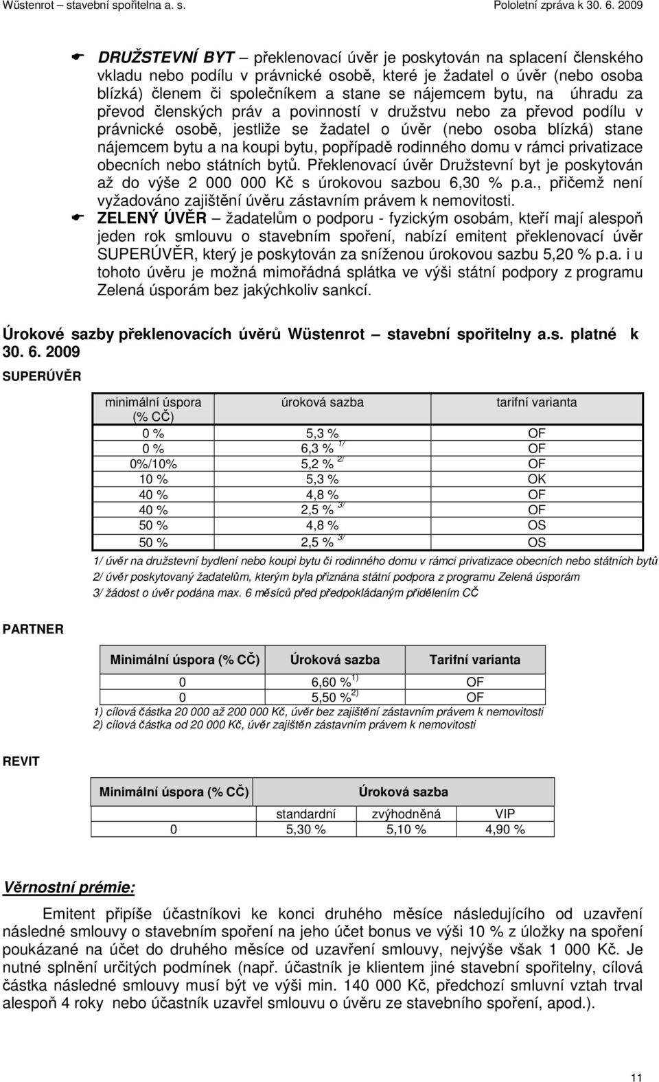 rodinného domu v rámci privatizace obecních nebo státních bytů. Překlenovací úvěr Družstevní byt je poskytován až do výše 2 000 000 Kč s úrokovou sazbou 6,30 % p.a., přičemž není vyžadováno zajištění úvěru zástavním právem k nemovitosti.