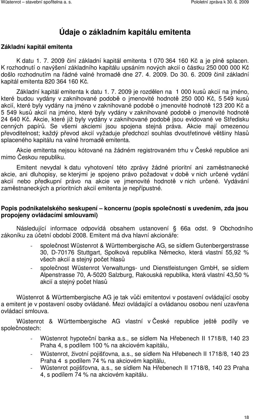 2009 činil základní kapitál emitenta 820 364 160 Kč. Základní kapitál emitenta k datu 1. 7.