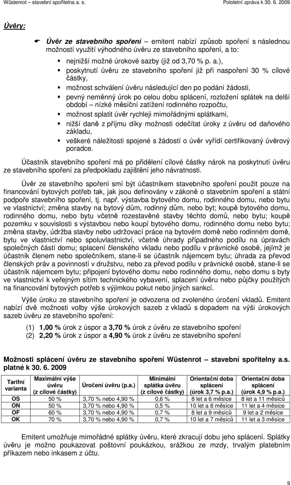 ), poskytnutí úvěru ze stavebního spoření již při naspoření 30 % cílové částky, možnost schválení úvěru následující den po podání žádosti, pevný neměnný úrok po celou dobu splácení, rozložení splátek