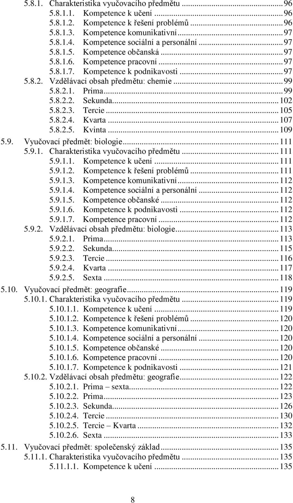 8.2.1. Prima... 99 5.8.2.2. Sekunda... 102 5.8.2.3. Tercie... 105 5.8.2.4. Kvarta... 107 5.8.2.5. Kvinta... 109 5.9. Vyučovací předmět: biologie... 111 5.9.1. Charakteristika vyučovacího předmětu.