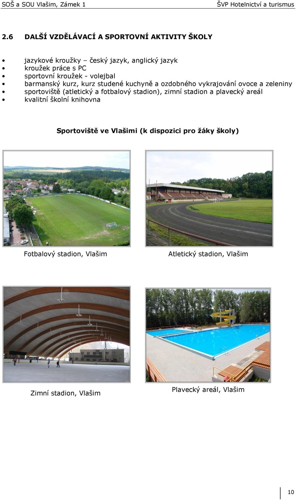 sportoviště (atletický a fotbalový stadion), zimní stadion a plavecký areál kvalitní školní knihovna Sportoviště ve