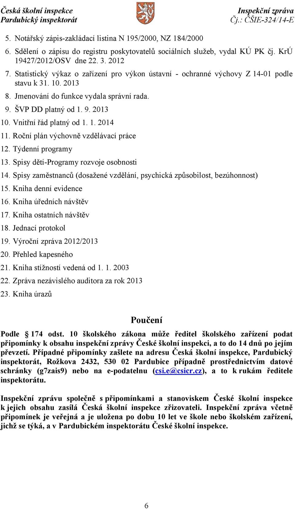 Vnitřní řád platný od 1. 1. 2014 11. Roční plán výchovně vzdělávací práce 12. Týdenní programy 13. Spisy dětí-programy rozvoje osobnosti 14.