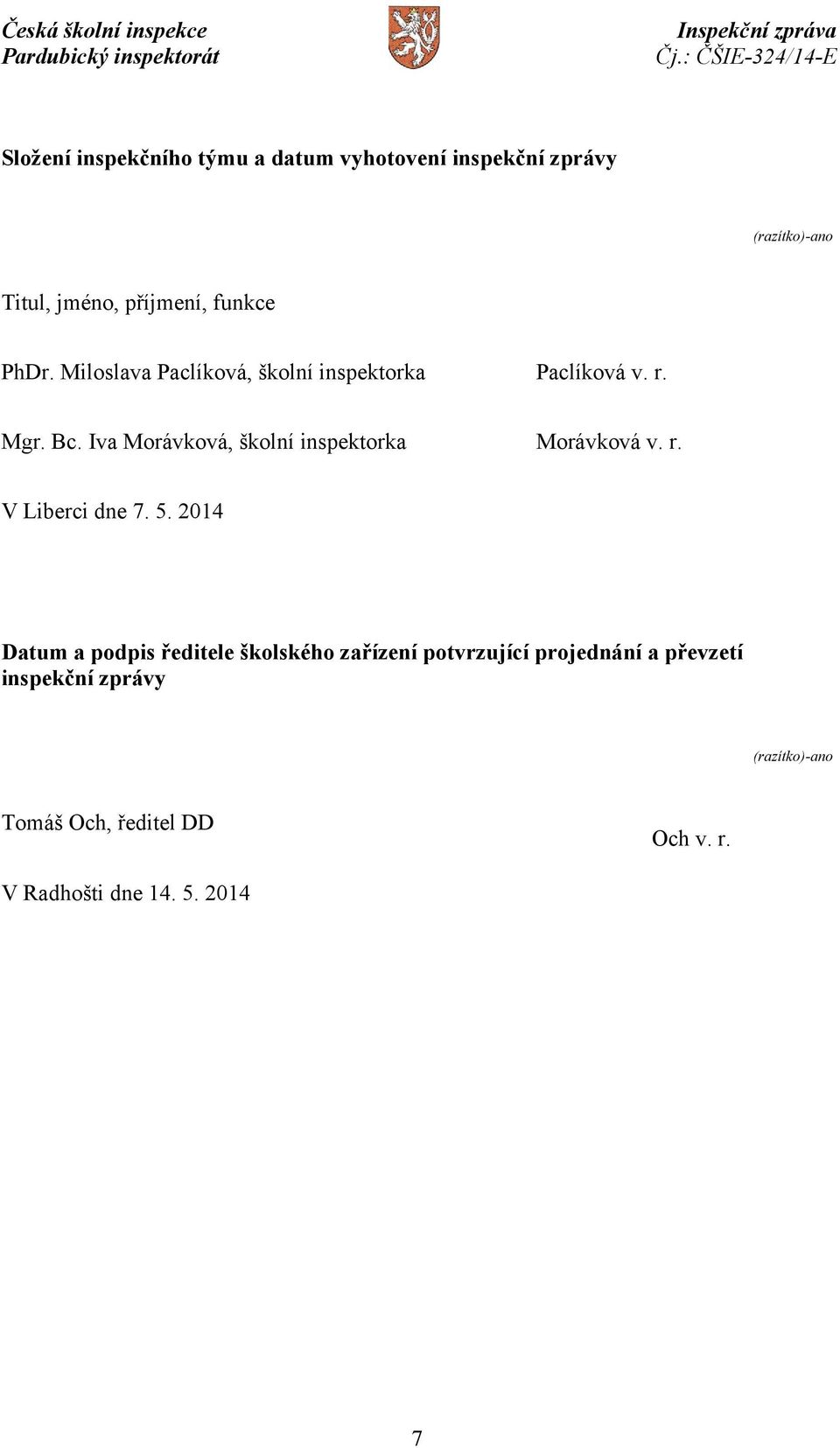 Iva Morávková, školní inspektorka Morávková v. r. V Liberci dne 7. 5.