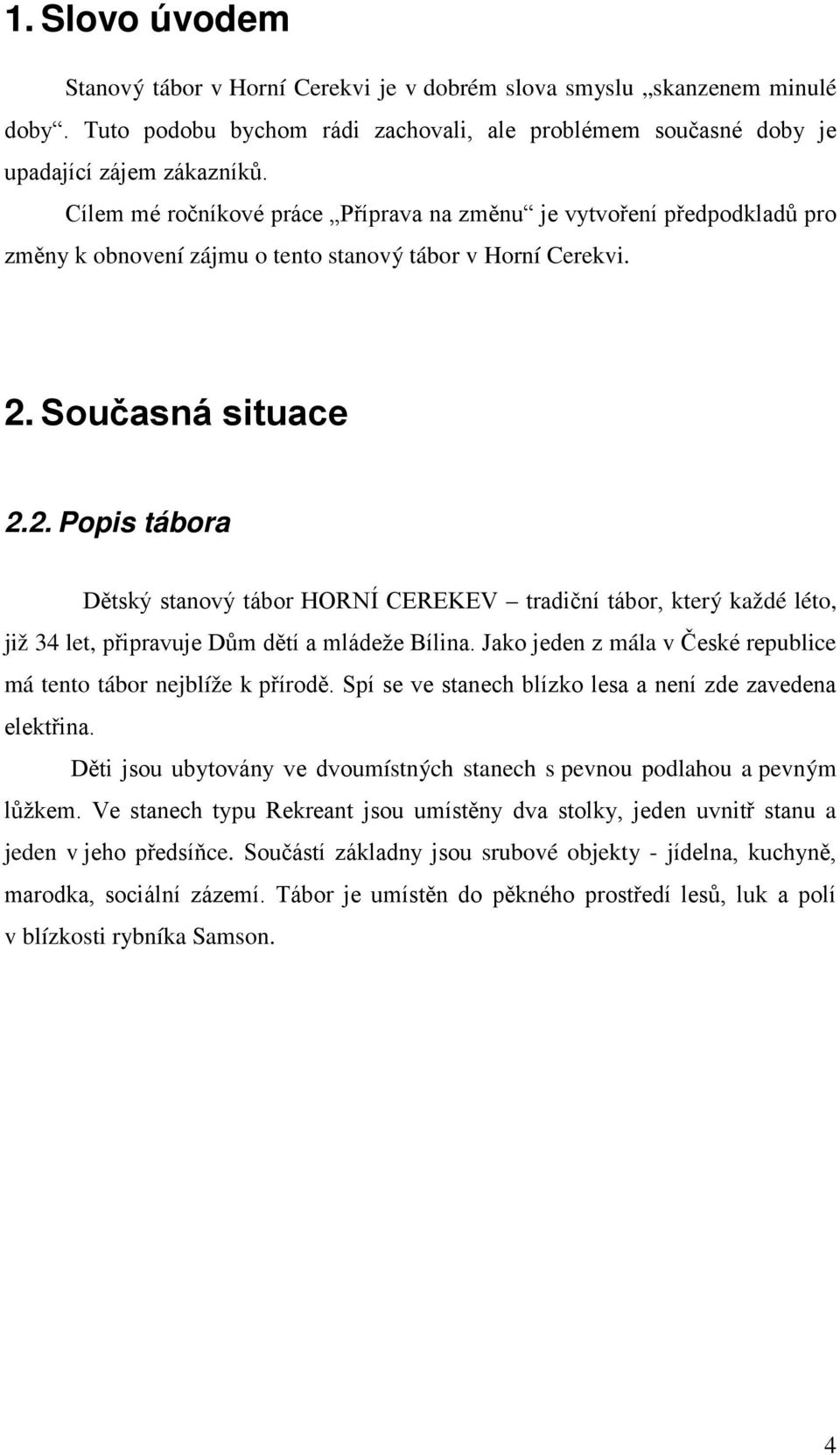 Současná situace 2.2. Popis tábora Dětský stanový tábor HORNÍ CEREKEV tradiční tábor, který každé léto, již 34 let, připravuje Dům dětí a mládeže Bílina.