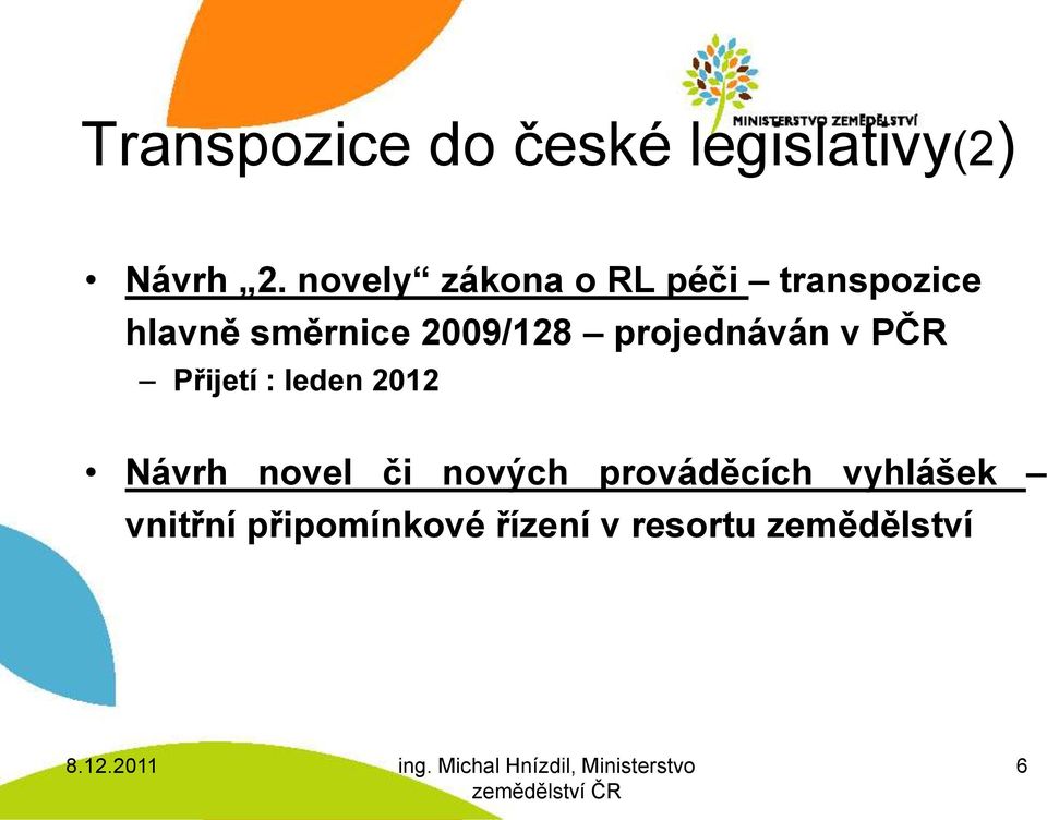 2009/128 projednáván v PČR Přijetí : leden 2012 Návrh novel