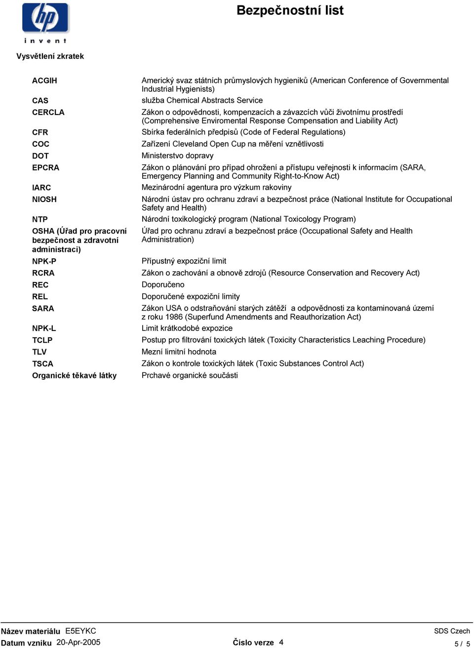 životnímu prostředí (Comprehensive Enviromental Response Compensation and Liability Act) Sbírka federálních předpisů (Code of Federal Regulations) Zařízení Cleveland Open Cup na měření vznětlivosti