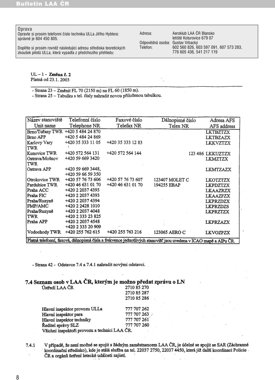 vypadla z předchozího přehledu: Adresa: Aeroklub LAA ČR Blansko letiště Koturovice 679 07