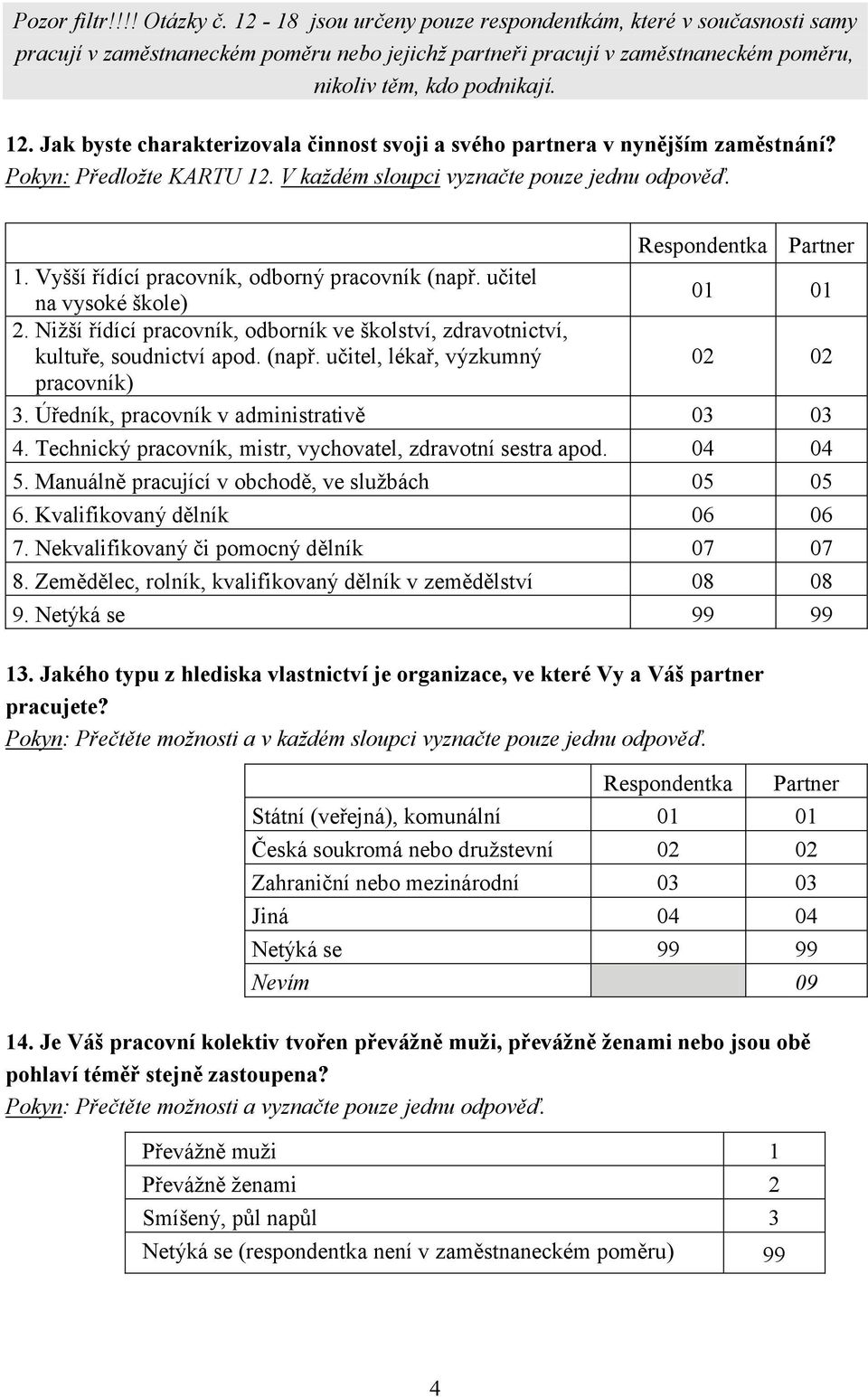 Jak byste charakterizovala činnost svoji a svého partnera v nynějším zaměstnání? Pokyn: Předložte KARTU 12. V každém sloupci vyznačte pouze jednu odpověď. Respondentka Partner 1.