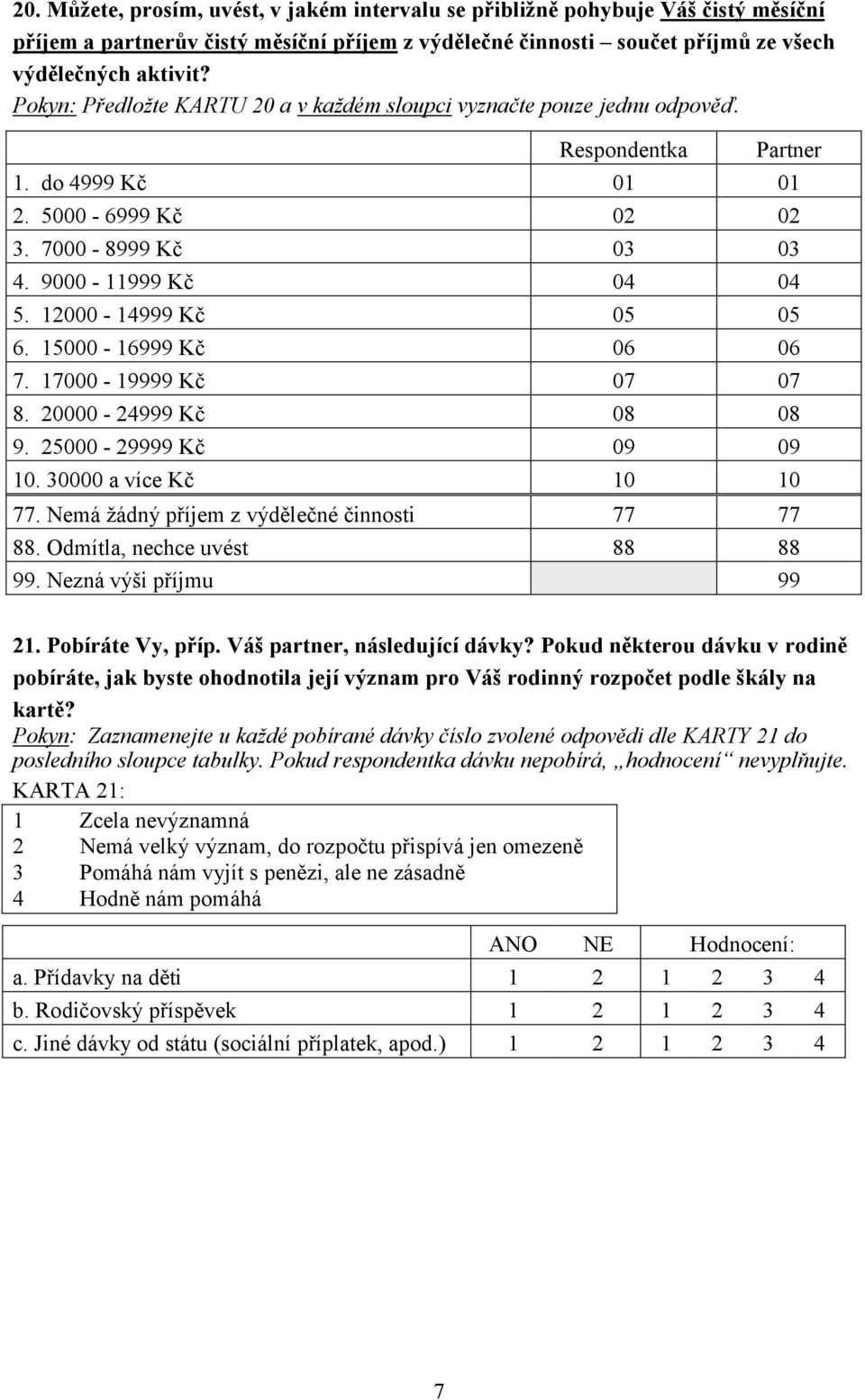 12000-14999 Kč 05 05 6. 15000-16999 Kč 06 06 7. 17000-19999 Kč 07 07 8. 20000-24999 Kč 08 08 9. 25000-29999 Kč 09 09 10. 30000 a více Kč 10 10 77. Nemá žádný příjem z výdělečné činnosti 77 77 88.