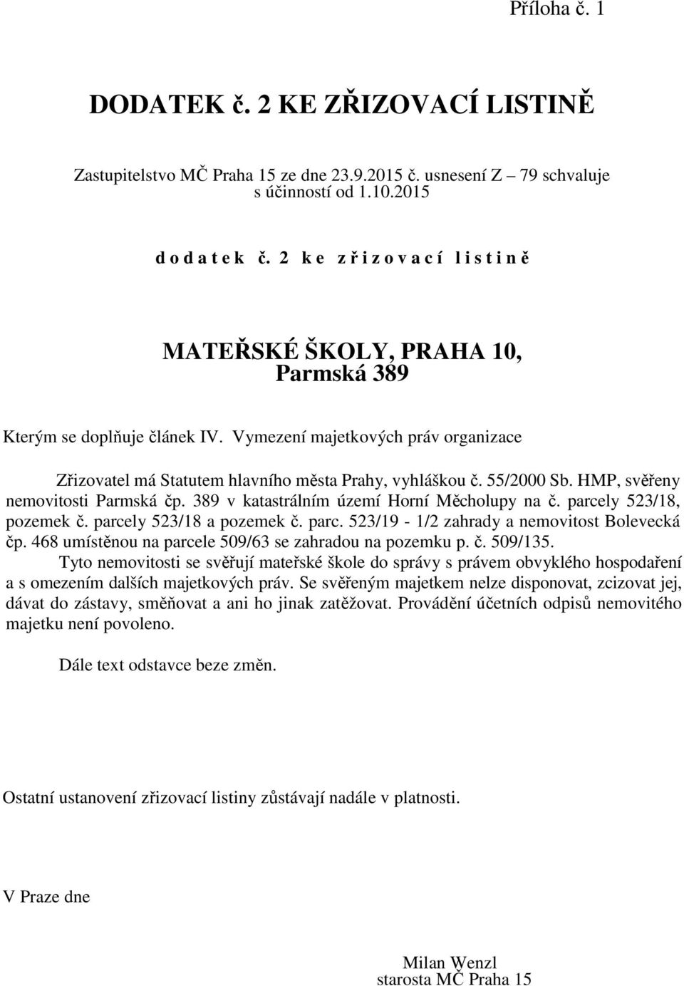 55/2000 Sb. HMP, svěřeny nemovitosti Parmská čp. 389 v katastrálním území Horní Měcholupy na č. parcely 523/18, pozemek č. parcely 523/18 a pozemek č. parc. 523/19-1/2 zahrady a nemovitost Bolevecká čp.