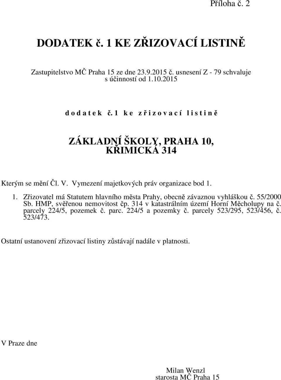 Vymezení majetkových práv organizace bod 1. 1. Zřizovatel má Statutem hlavního města Prahy, obecně závaznou vyhláškou č. 55/2000 Sb.