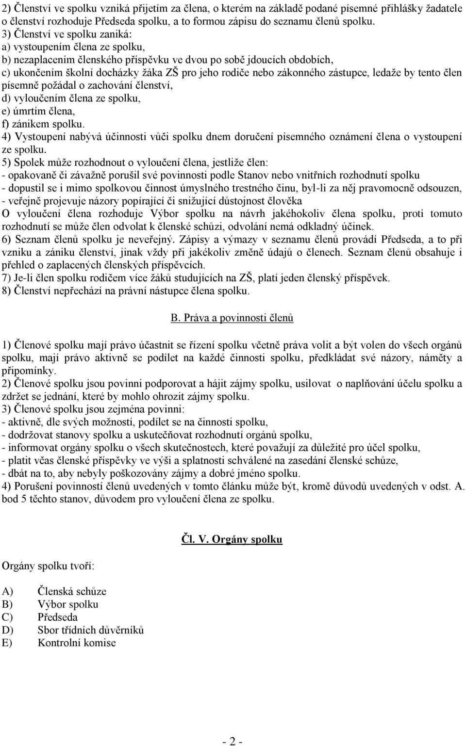 zákonného zástupce, ledaže by tento člen písemně požádal o zachování členství, d) vyloučením člena ze spolku, e) úmrtím člena, f) zánikem spolku.