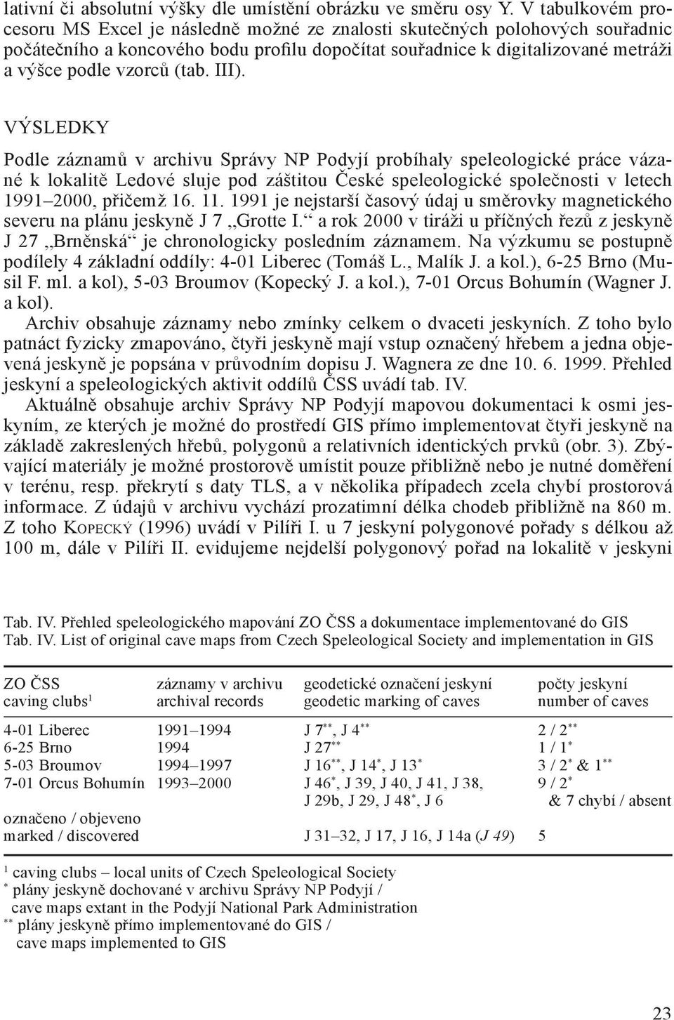 (tab. III). Výsledky Podle záznamů v archivu Správy NP Podyjí probíhaly speleologické práce vázané k lokalitě Ledové sluje pod záštitou České speleologické společnosti v letech 1991 2000, přičemž 16.