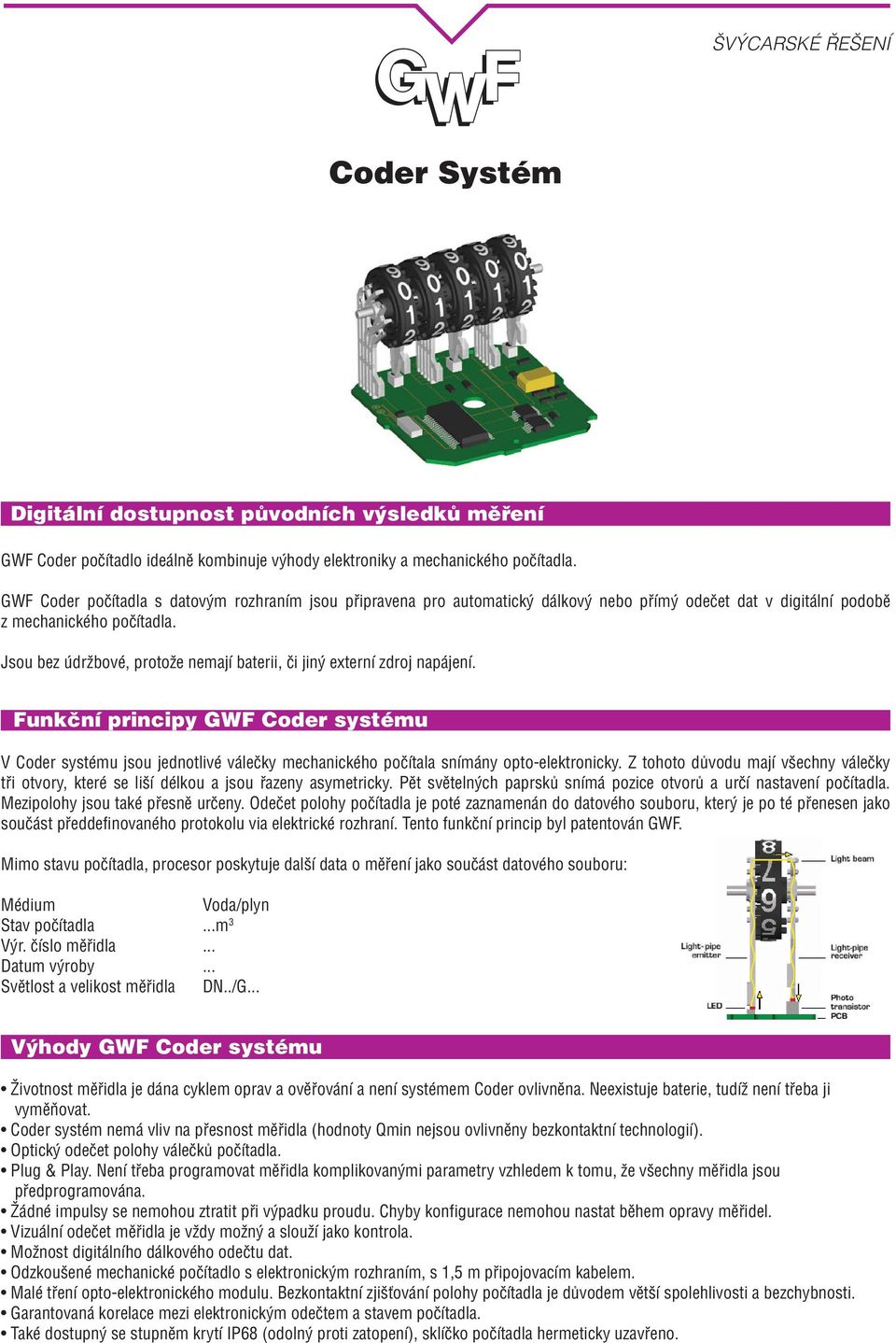 Jsou bez údržbové, protože nemají baterii, či jiný externí zdroj napájení. Funkční principy GWF Coder systému V Coder systému jsou jednotlivé válečky mechanického počítala snímány opto-elektronicky.