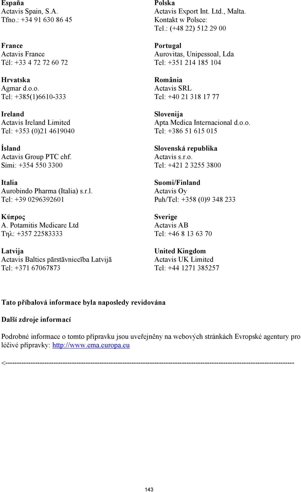 Potamitis Medicare Ltd Τηλ: +357 22583333 Latvija Actavis Baltics pārstāvniecība Latvijā Tel: +371 67067873 Polska Actavis Export Int. Ltd., Malta. Kontakt w Polsce: Tel.