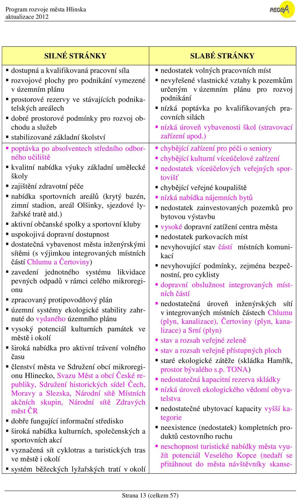 sportovních areálů (krytý bazén, zimní stadion, areál Olšinky, sjezdové lyžařské tratě atd.