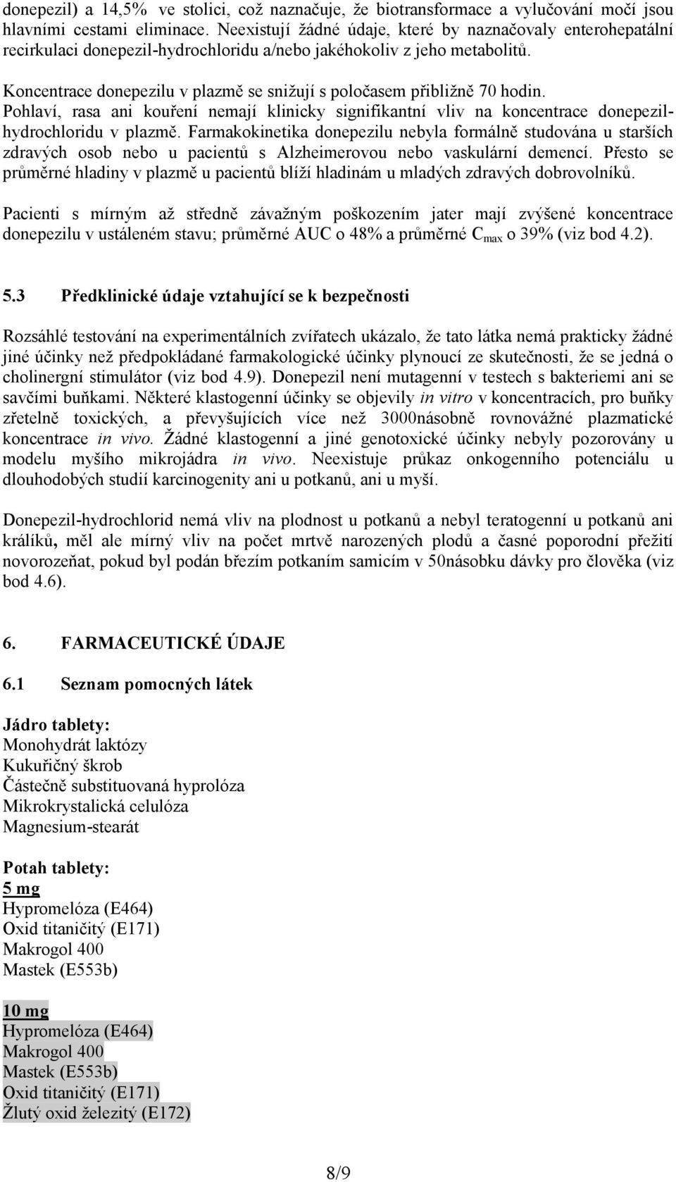 Koncentrace donepezilu v plazmě se snižují s poločasem přibližně 70 hodin. Pohlaví, rasa ani kouření nemají klinicky signifikantní vliv na koncentrace donepezilhydrochloridu v plazmě.