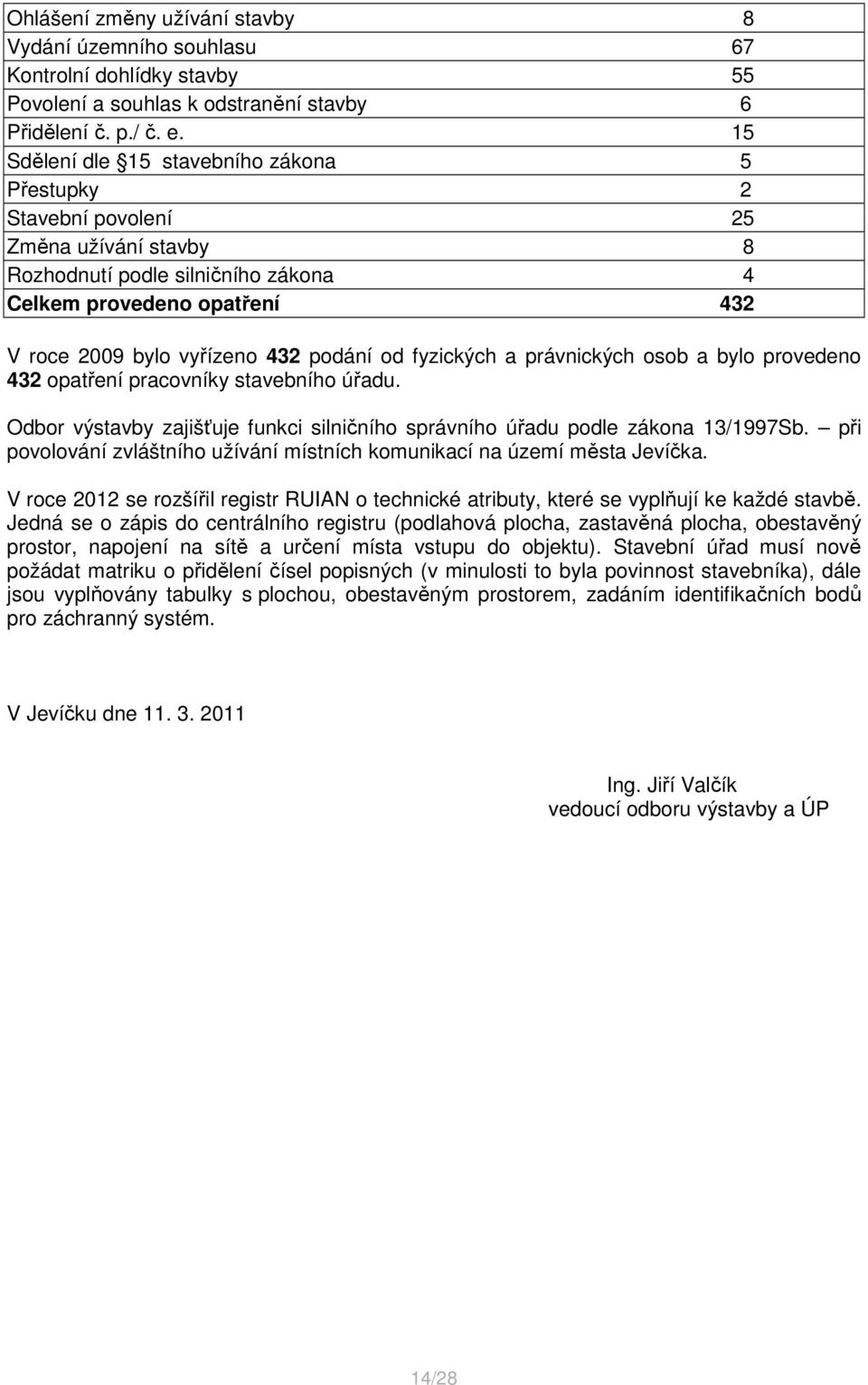 od fyzických a právnických osob a bylo provedeno 432 opatření pracovníky stavebního úřadu. Odbor výstavby zajišťuje funkci silničního správního úřadu podle zákona 13/1997Sb.