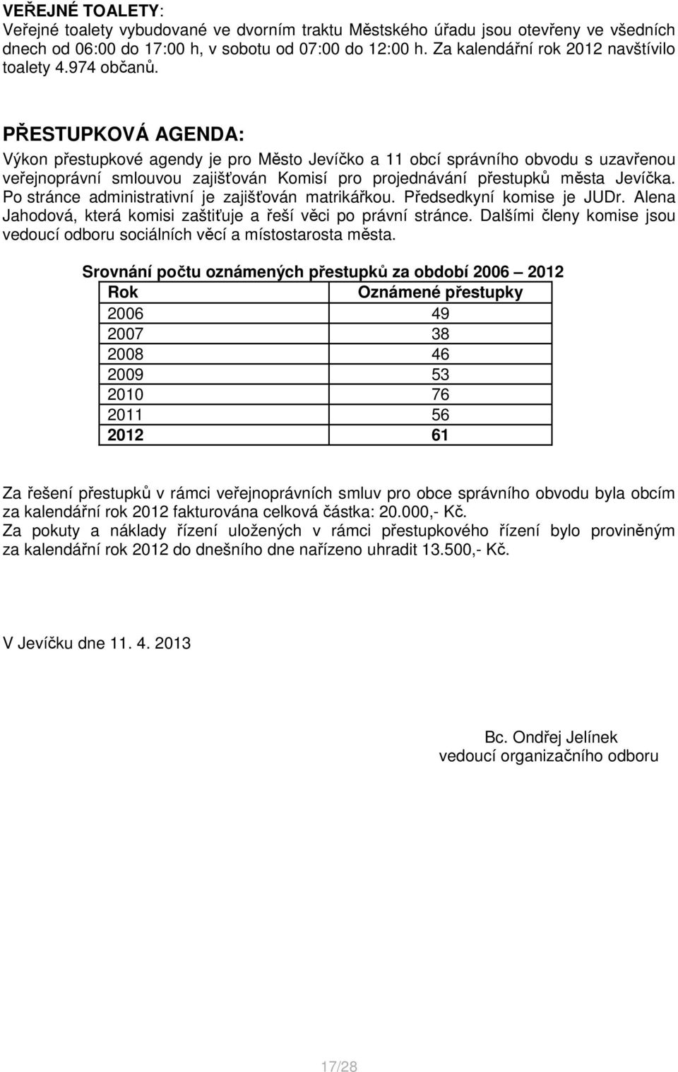 PŘESTUPKOVÁ AGENDA: Výkon přestupkové agendy je pro Město Jevíčko a 11 obcí správního obvodu s uzavřenou veřejnoprávní smlouvou zajišťován Komisí pro projednávání přestupků města Jevíčka.