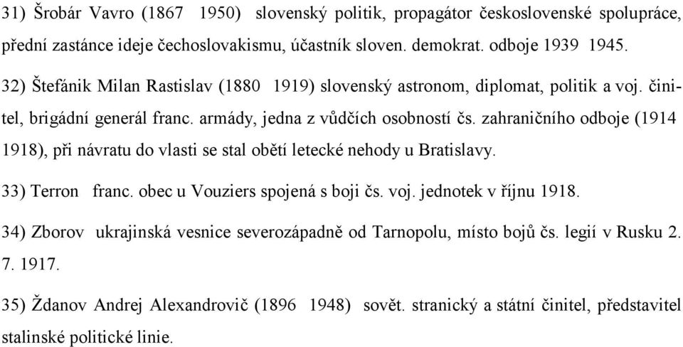 zahraničního odboje (1914 1918), při návratu do vlasti se stal obětí letecké nehody u Bratislavy. 33) Terron franc. obec u Vouziers spojená s boji čs. voj. jednotek v říjnu 1918.